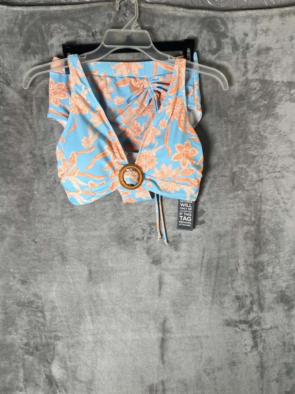 Floral Tie-Front Crop Top with Buckle - Blue & Peach swimsuit